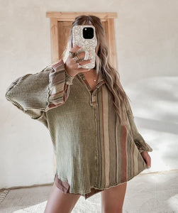 Austyn Striped Olive Henley Top