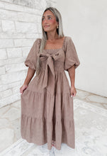 Load image into Gallery viewer, Heart Of Gold Eyelet Smocked Bow Front Puff Sleeve Maxi Dress - Lt. Brown