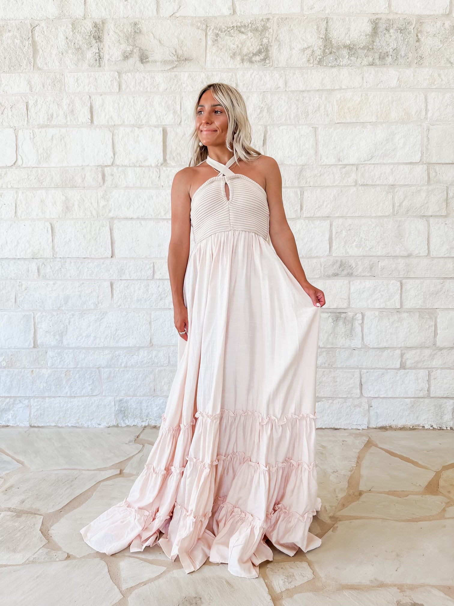 chinese dress ladies Tiered maxi dress with toile de jouy beige print main image 1