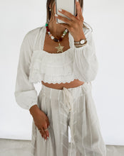 Load image into Gallery viewer, Faded Photographs Lace Trim Ruffle White Crop Top WAREHOUSE SALE
