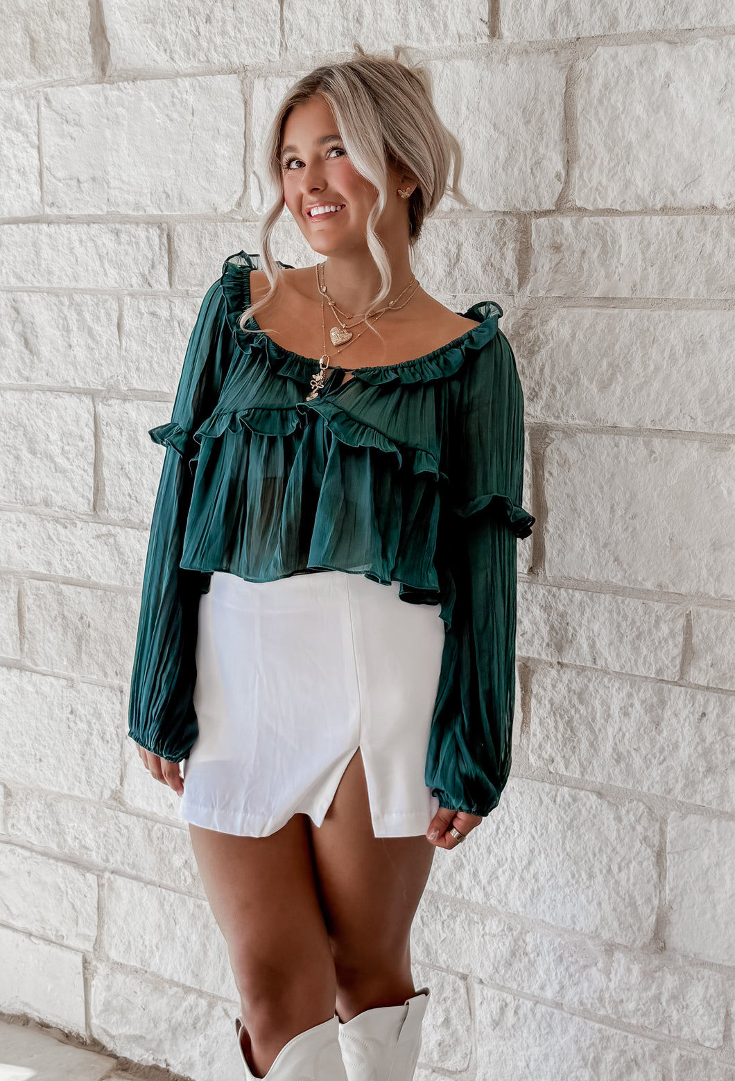 With Time To Spare Scoop Neck Ruffle Detail Blouse - Dk Green