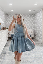 Load image into Gallery viewer, Train Headed South Button Shoulder Mini Overall Dress