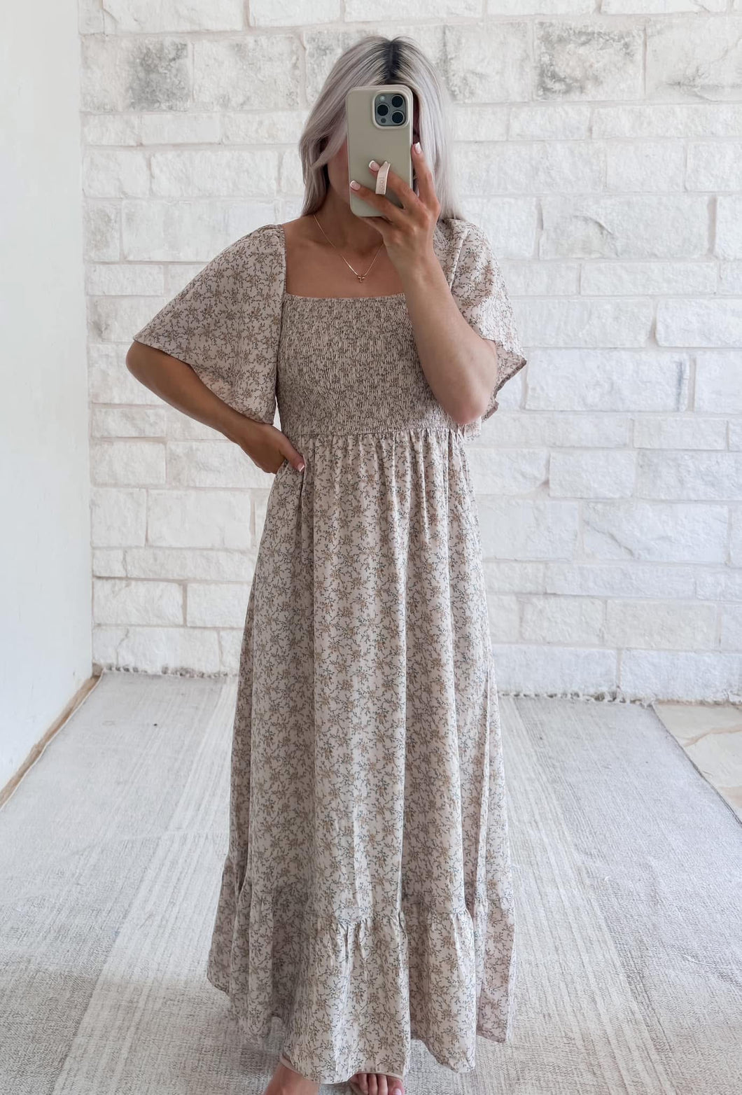 Authentically You Smocked Floral Midi Dress - Natural