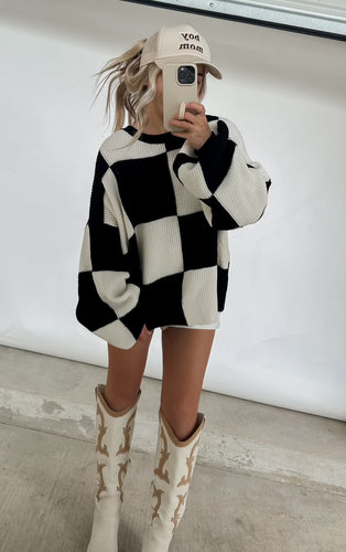 Weekend Plans Black Checkered Sweater