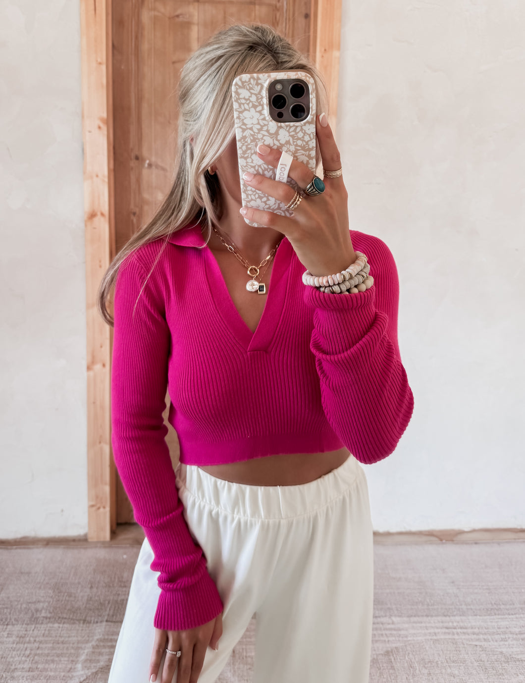 Memories To Make Fuchsia Collared Knit Top