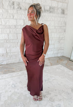 Load image into Gallery viewer, Olivia Satin Off The Shoulder Ruched Midi Dress - Rum Raisin