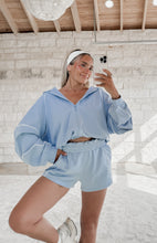 Load image into Gallery viewer, Wherever We Go Blue French Terry Tracksuit Hoodie &amp; Short Set w/ Piping Trim