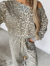 Load image into Gallery viewer, Back Forty Leopard Terry Off Shoulder Pullover Top &amp;  Wide Pants Set