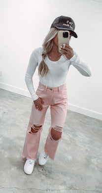 Leslie High Rise Pink Flare Jeans