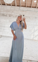 Load image into Gallery viewer, R.S.V.P Flutter Sleeve Cut Out Satin Maxi - Dusty Blue