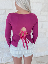 Load image into Gallery viewer, Long Story Short Bow Back Detail Knit Top - Berry
