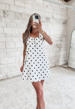 Load image into Gallery viewer, Can’t Play Scoop Neck Polka Dot Denim Mini Dress - White/Black