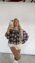 Load image into Gallery viewer, Just Trust Me Plaid Off The Shoulder Tie Top - Navy/Brown