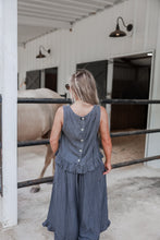 Load image into Gallery viewer, Happy Place Back Button Detail Chambray Ruffle Peplum Tank Top