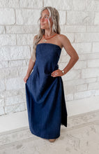 Load image into Gallery viewer, Private Party Denim Long and Lean Back Tie Strapless Maxi Dress