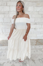 Load image into Gallery viewer, Look Impressed Off The Shoulder Eyelet Tiered Midi Dress - Cream