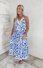 Load image into Gallery viewer, Never Hold Back Halter Scalloped Wrap Midi Dress - Navy Blue Floral