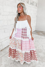 Load image into Gallery viewer, Plans in the Sunshine Patchwork Tie Shoulder Tiered Maxi - Pink