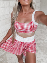 Load image into Gallery viewer, Game, Set, Glow Gingham Print Scrunched Sports Bra and Ruched Waistband Mini Skort Set