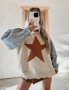 Star Denim Sleeve Sweater