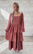 Load image into Gallery viewer, Bring The Warmth Square Neck Smocked Tiered Midi Dress- Rust