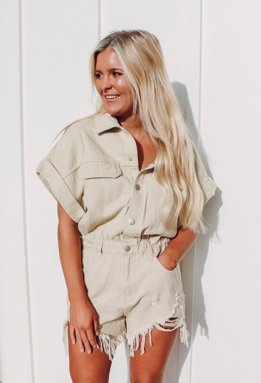 Trend Starter Beige Distressed Romper