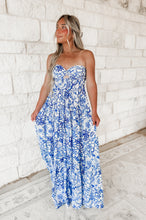 Load image into Gallery viewer, Bohemian Blue Twisted Ruched Bust Maxi Dress