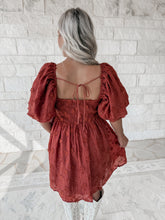 Load image into Gallery viewer, Rustic Dreams Embroidered Puff Sleeve Mini Dress - Rust