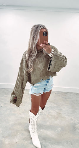 Beat The Crowd Olive Distressed Sweater