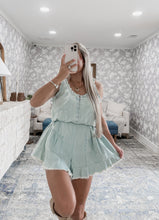 Load image into Gallery viewer, Kasey Girl Ruffle Trim Open Back Denim Romper