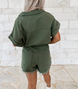 Trend Starter Olive Distressed Romper