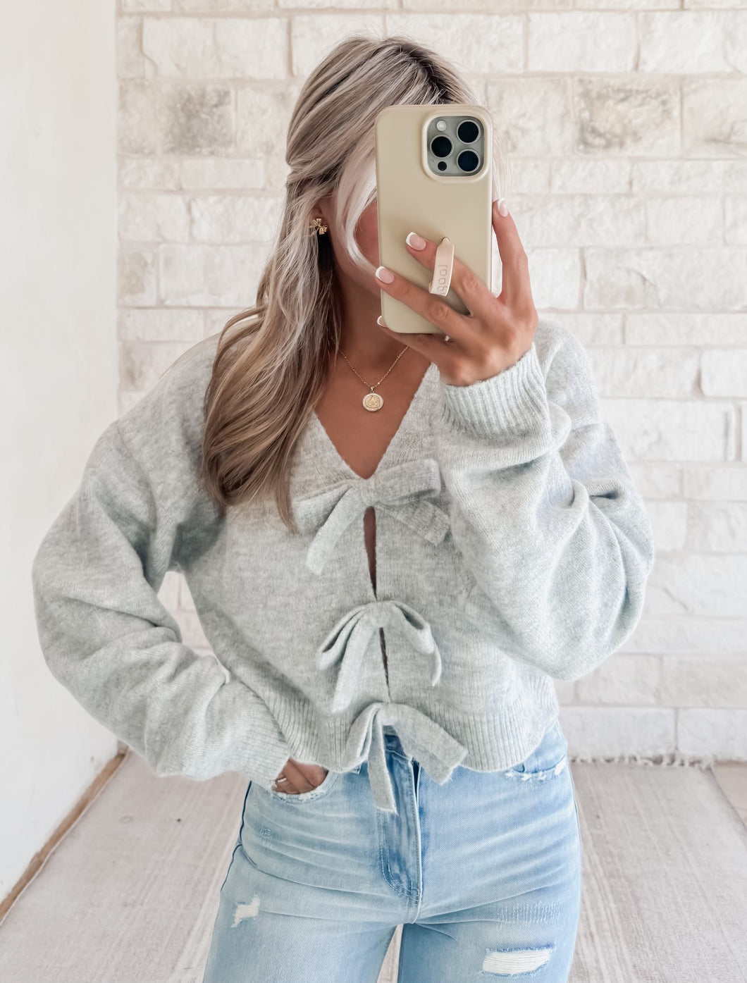 In Your Eyes Grey Ribbon Sweater Top