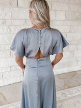 Load image into Gallery viewer, R.S.V.P Flutter Sleeve Cut Out Satin Maxi - Dusty Blue