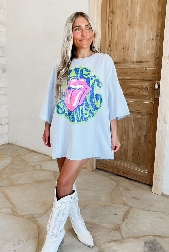 Rolling Stones Oversized Dusty Blue Graphic Tee