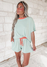 Load image into Gallery viewer, Vacay Mode Loose Fit Striped Knit  &amp; Mini Shorts Set - Pistachio/Salmon