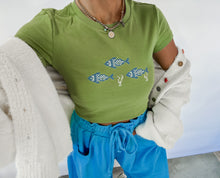 Load image into Gallery viewer, Catch of the Day Embroidered Fish Fitted Baby Tee - Basil