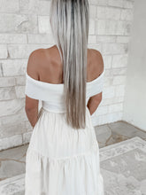 Load image into Gallery viewer, Look Impressed Off The Shoulder Eyelet Tiered Midi Dress - Cream