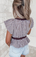 Load image into Gallery viewer, Common Ground Deep V Neck Bubble Hem Gingham Blouse Top