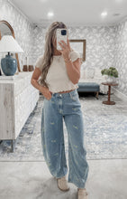 Load image into Gallery viewer, Fall Fields Floral Embroidery Barrel Denim Pants