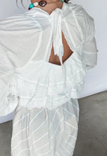 Load image into Gallery viewer, Faded Photographs Lace Trim Ruffle White Crop Top WAREHOUSE SALE