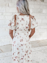 Load image into Gallery viewer, Charming Embrace Satin Floral Midi Dress - Cream/Brown