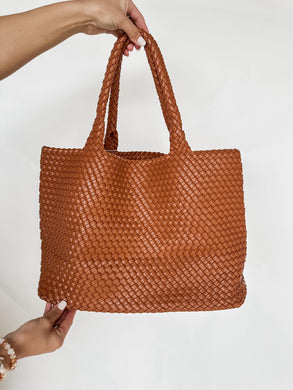 Solana Woven Vegan Leather Tote - tan