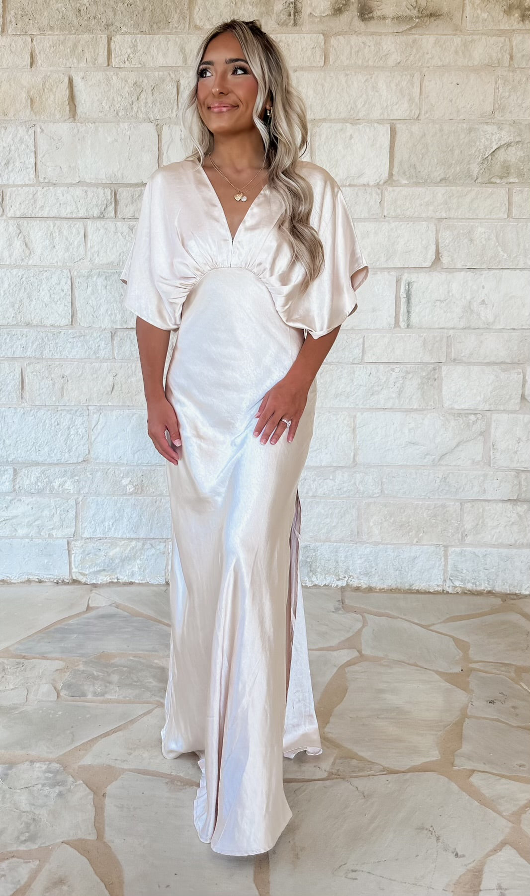 Classy Date Champagne Satin Maxi  CK Squared Boutique