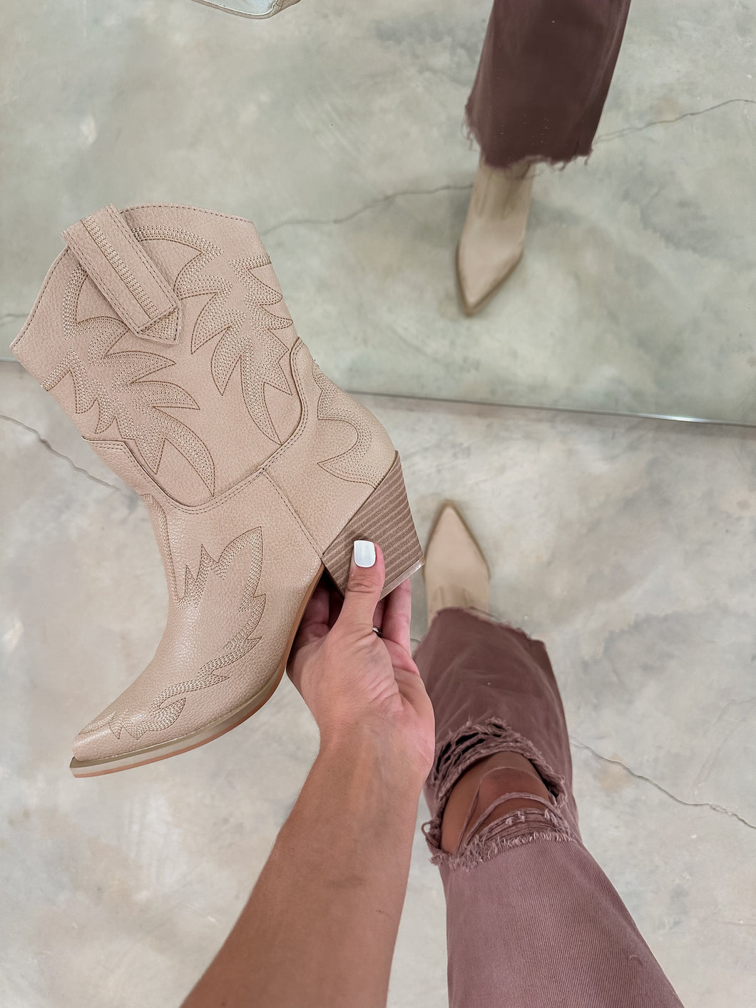 Run The Town Taupe Western Booties