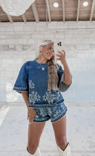 Load image into Gallery viewer, Made The Right Call Denim Embroidered Top + Short Set