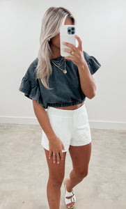 Maybe Later Charcoal Ruffle Sleeve Top