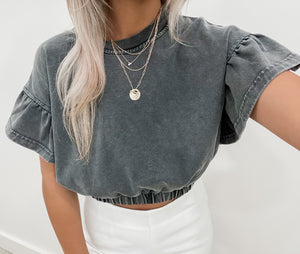 Maybe Later Charcoal Ruffle Sleeve Top