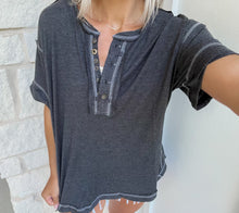 Load image into Gallery viewer, Summer Feels Charcoal Henley Tee