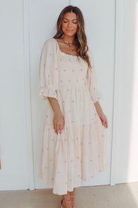 Happy Girl Floral Embroidery Puff Sleeve Maxi