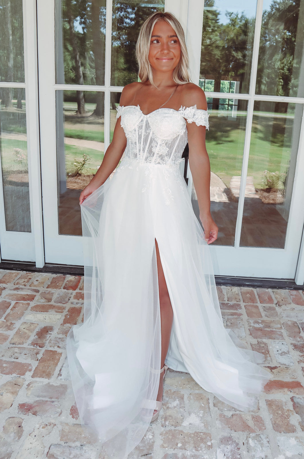 one of a kind off the shoulder bridal gown (removable straps)